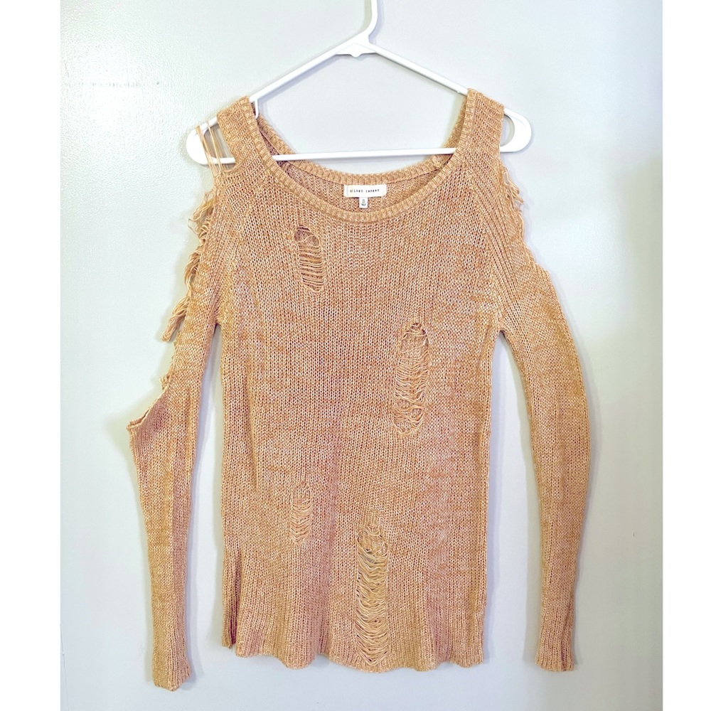 Gilded Intent, mustard yellow & white knit sweater, worn look w/ holes, Size S